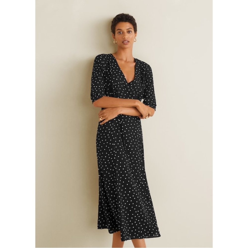 Mango Black And White Polka Dot Printed 3/4 Sleeve Wrap Midi Dress - Size 6